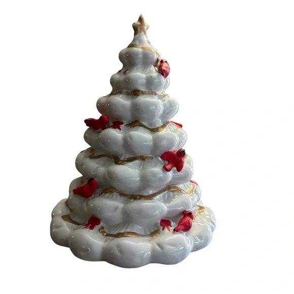 Vintage White Ceramic Christmas Tree Red Cardinals Gold Accents - Picture 4 of 5